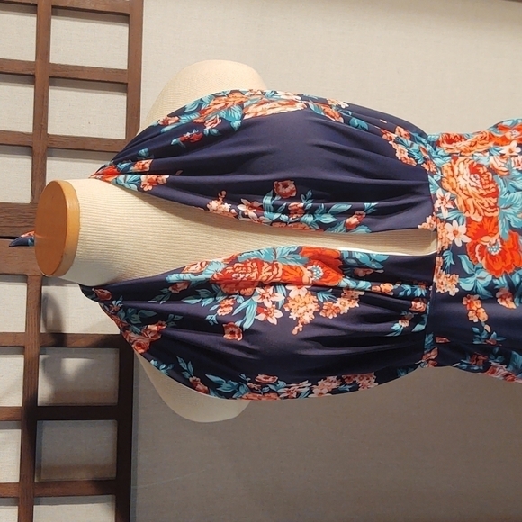 Cocoship Navy and Pink Floral Halter Neck Deep V-Neck One Piece Swimsuit Sz 3XL - Picture 2 of 8